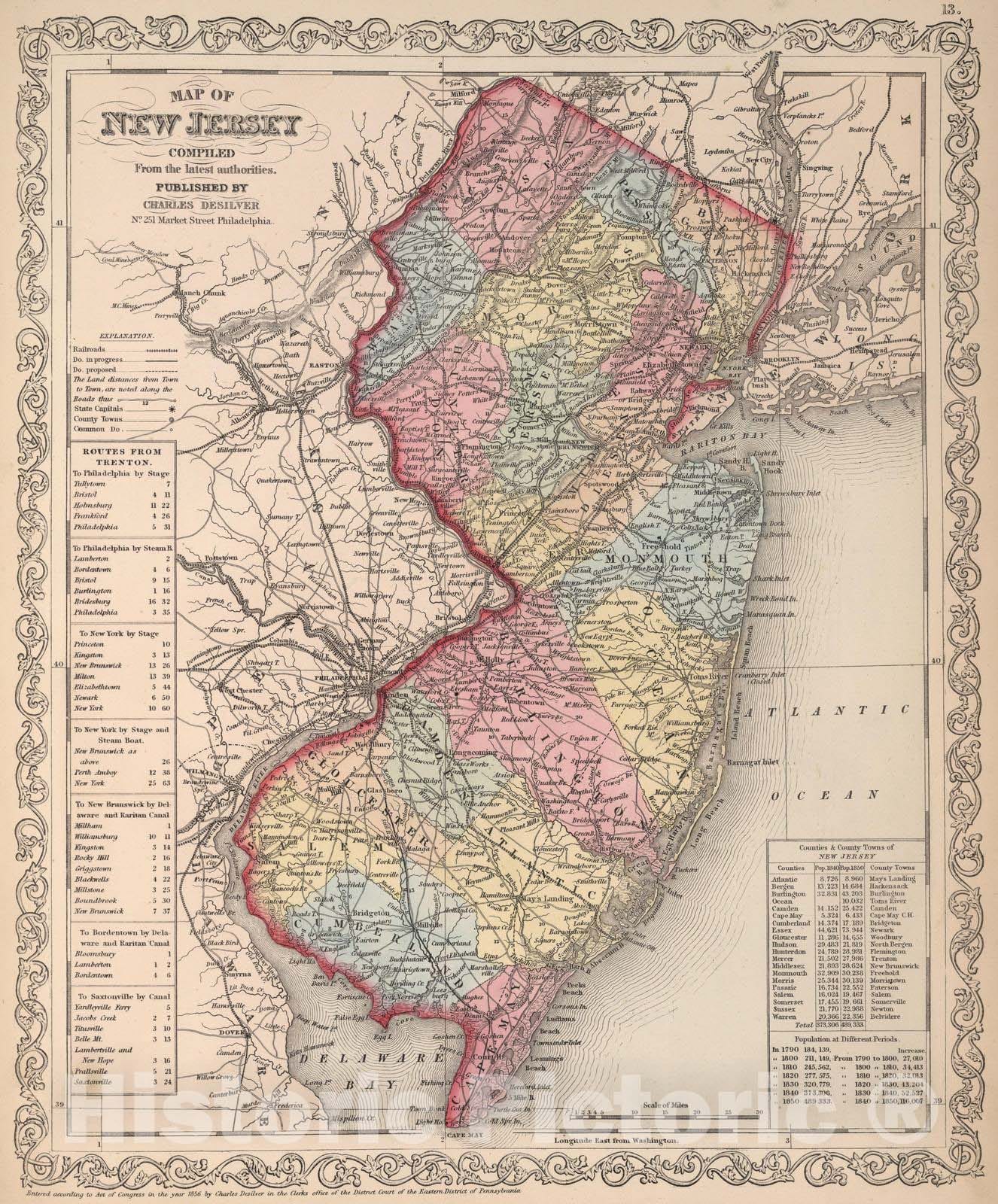 Historic Map : 1857 Map of New Jersey - Vintage Wall Art