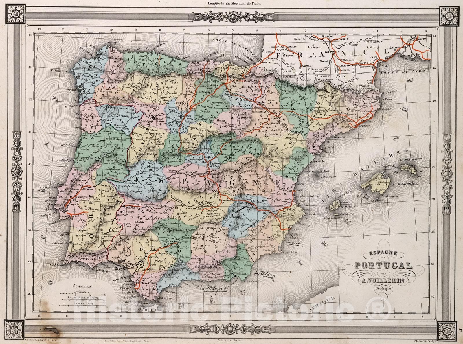 Historic Map : Portugal, Iberian Peninsula 1852 Espagne et Portugal. , Vintage Wall Art