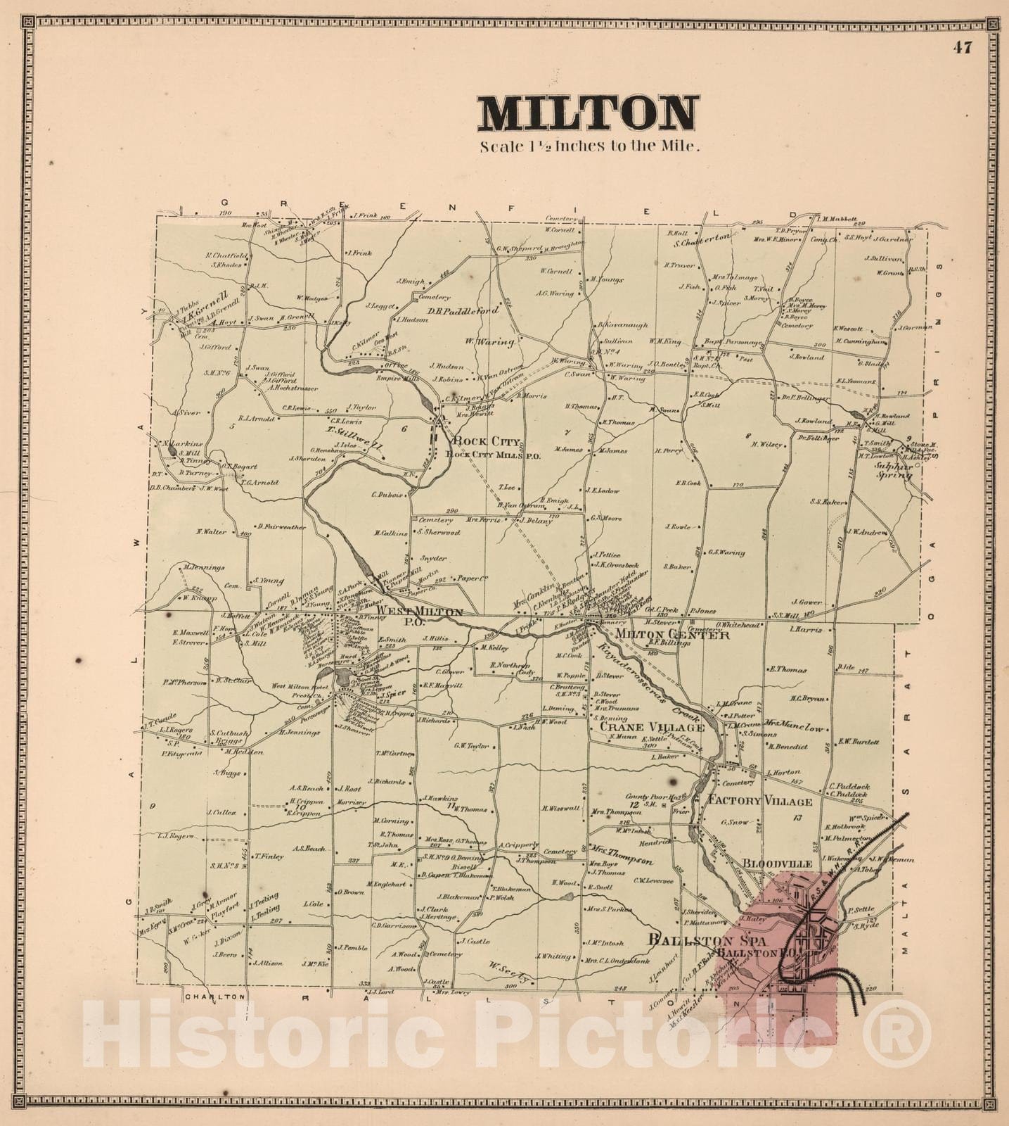 Historic Map : 1866 Milton, Saratoga County, New York. - Vintage Wall Art