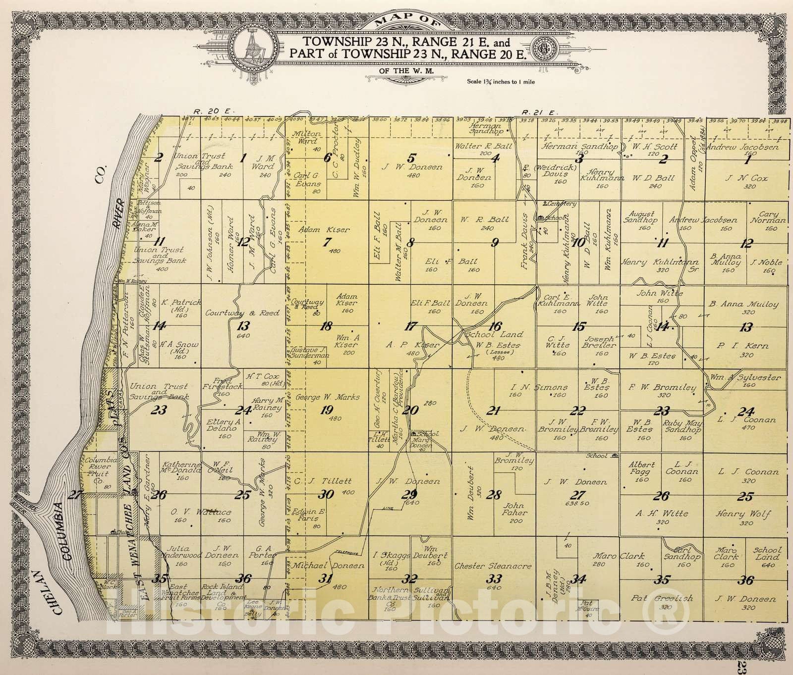 Historic Map : 1915 Township 22 N, Range 32 E. and Part of Township 23 N, Range 20 E, Douglas County, Washington. - Vintage Wall Art
