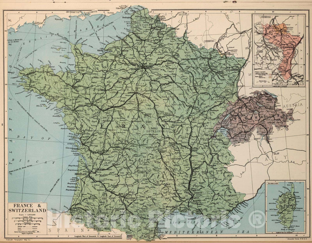 Historic Map : 1935 France and Switzerland - Vintage Wall Art