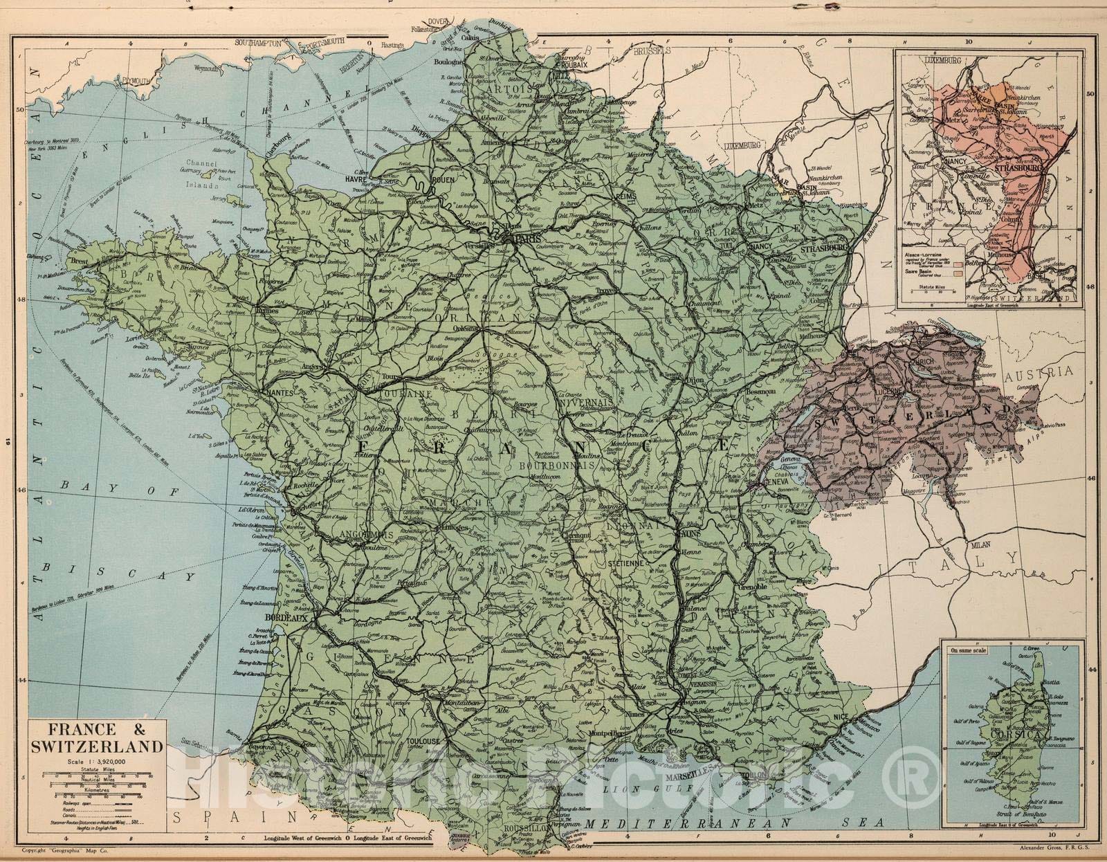 Historic Map : 1935 France and Switzerland - Vintage Wall Art