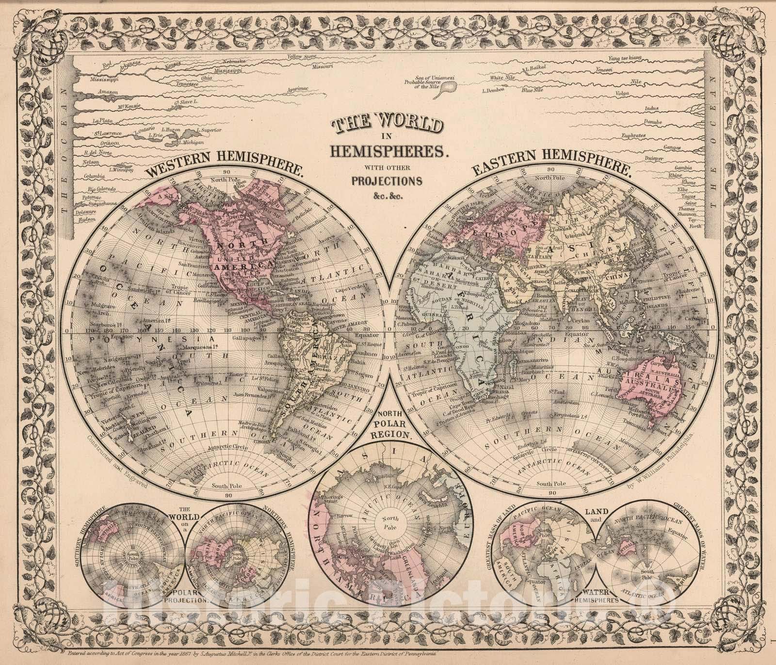 Historic Map : 1868 The World in Hemispheres - Vintage Wall Art