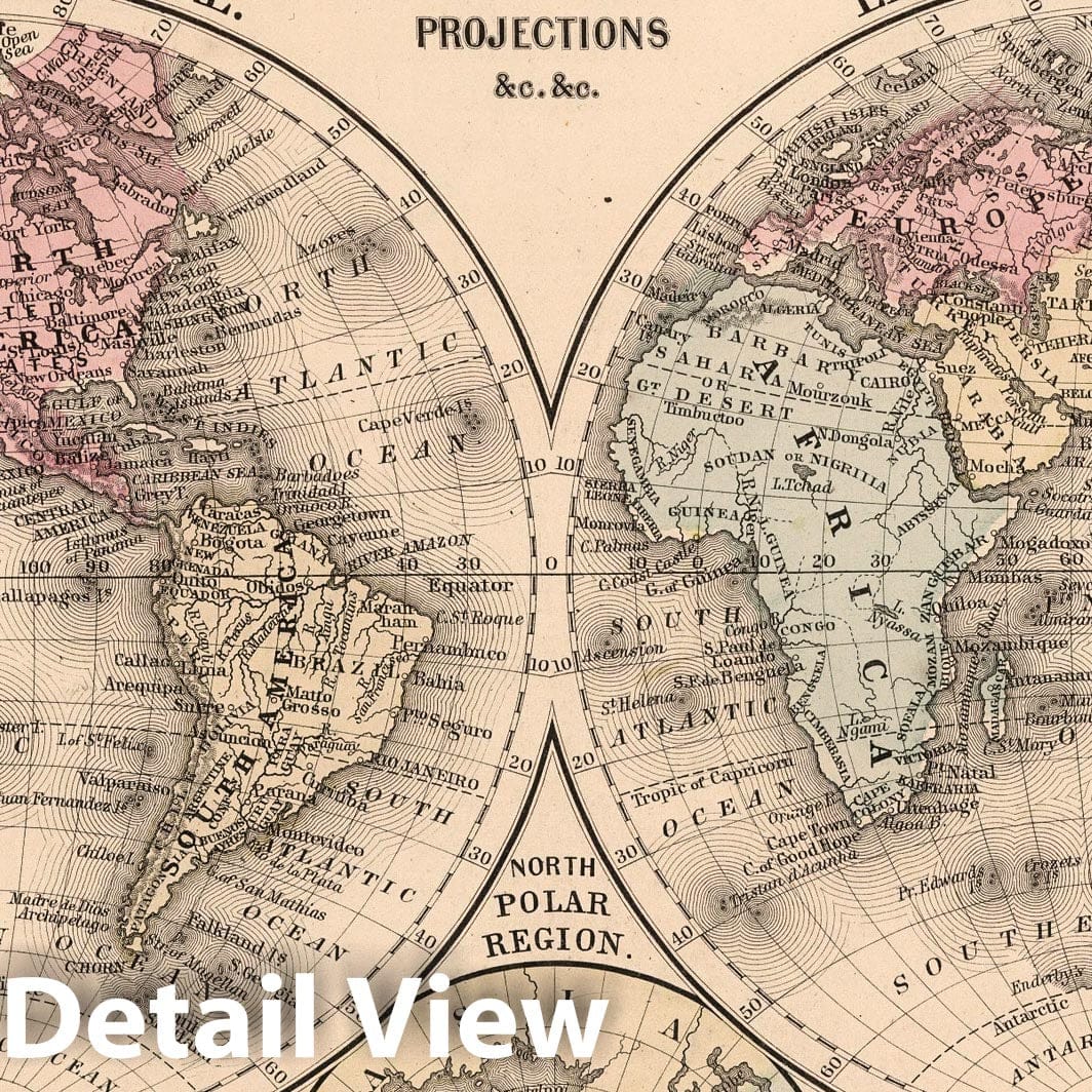 The World in Hemispheres - Nautical Chart, 1868 - Historical Map Print