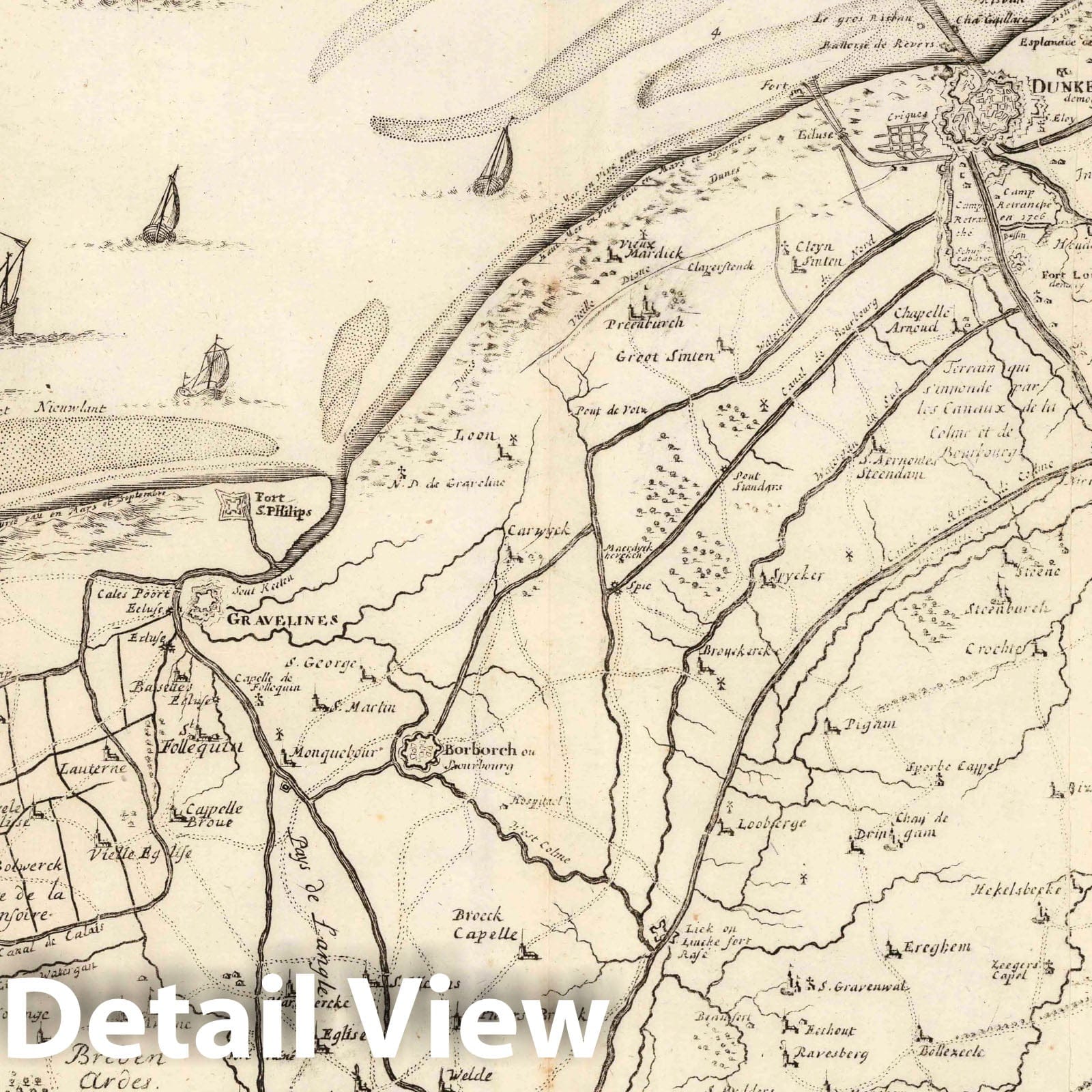 Dunquerque, Bergues, Furnes, Gravelines, Calais Military Map 1707 - Historical Print