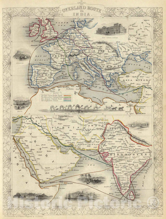 Historic Map : 1851 Overland Route To India. - Vintage Wall Art