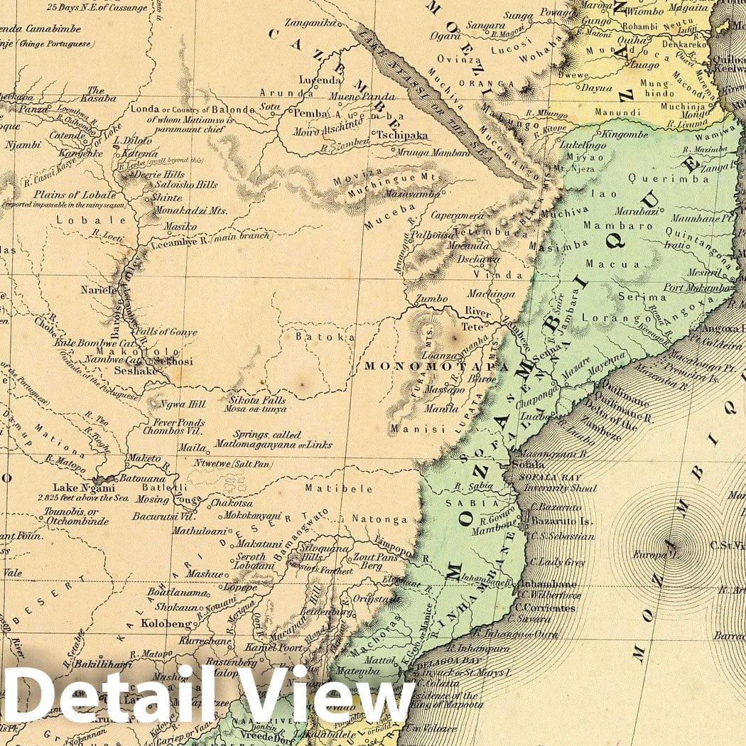 Southern Africa - Physical Map, 1856 - Colton's Atlas Historical Print
