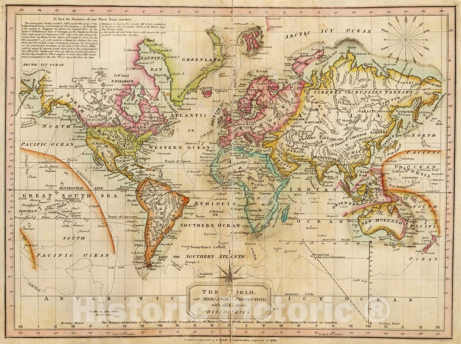 Historic Map : School Atlas - 1820 The World On Mercator's Projection. - Vintage Wall Art
