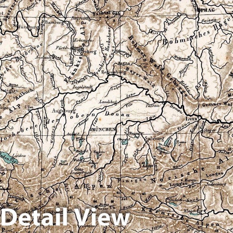 Germany, Switzerland, and Adjacent Regions - Physical Map, 1851 - Historical Map Print