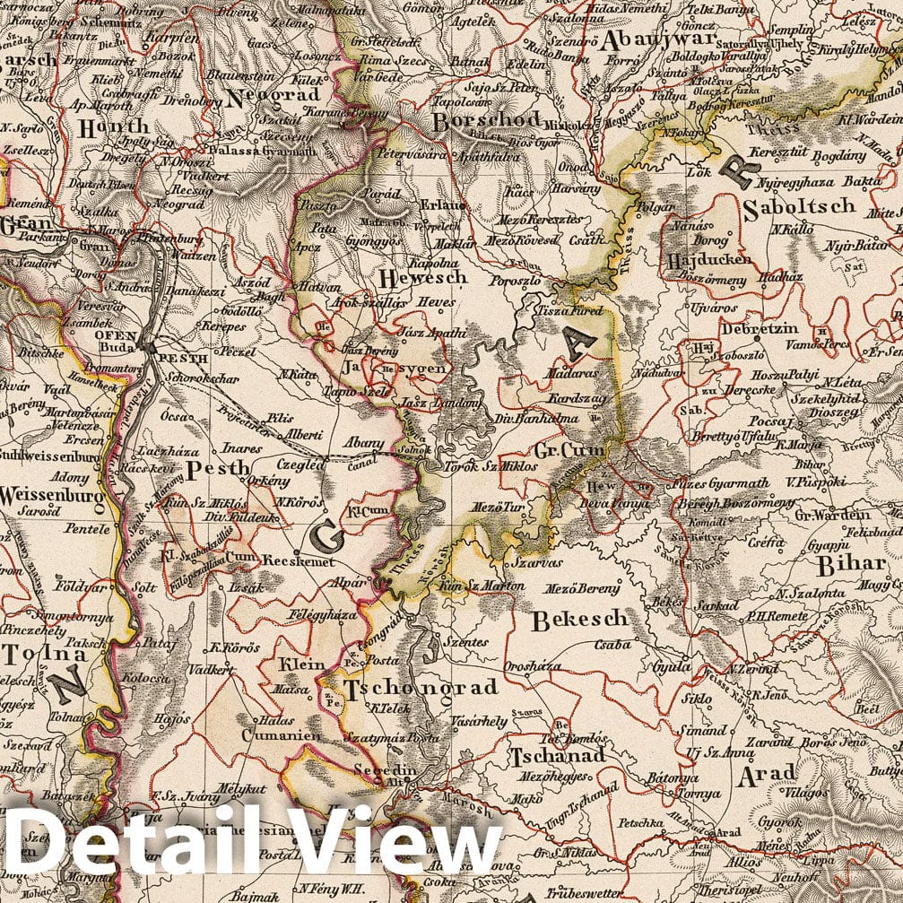 Hungary and Transylvania, 1845 - Historical Map Print