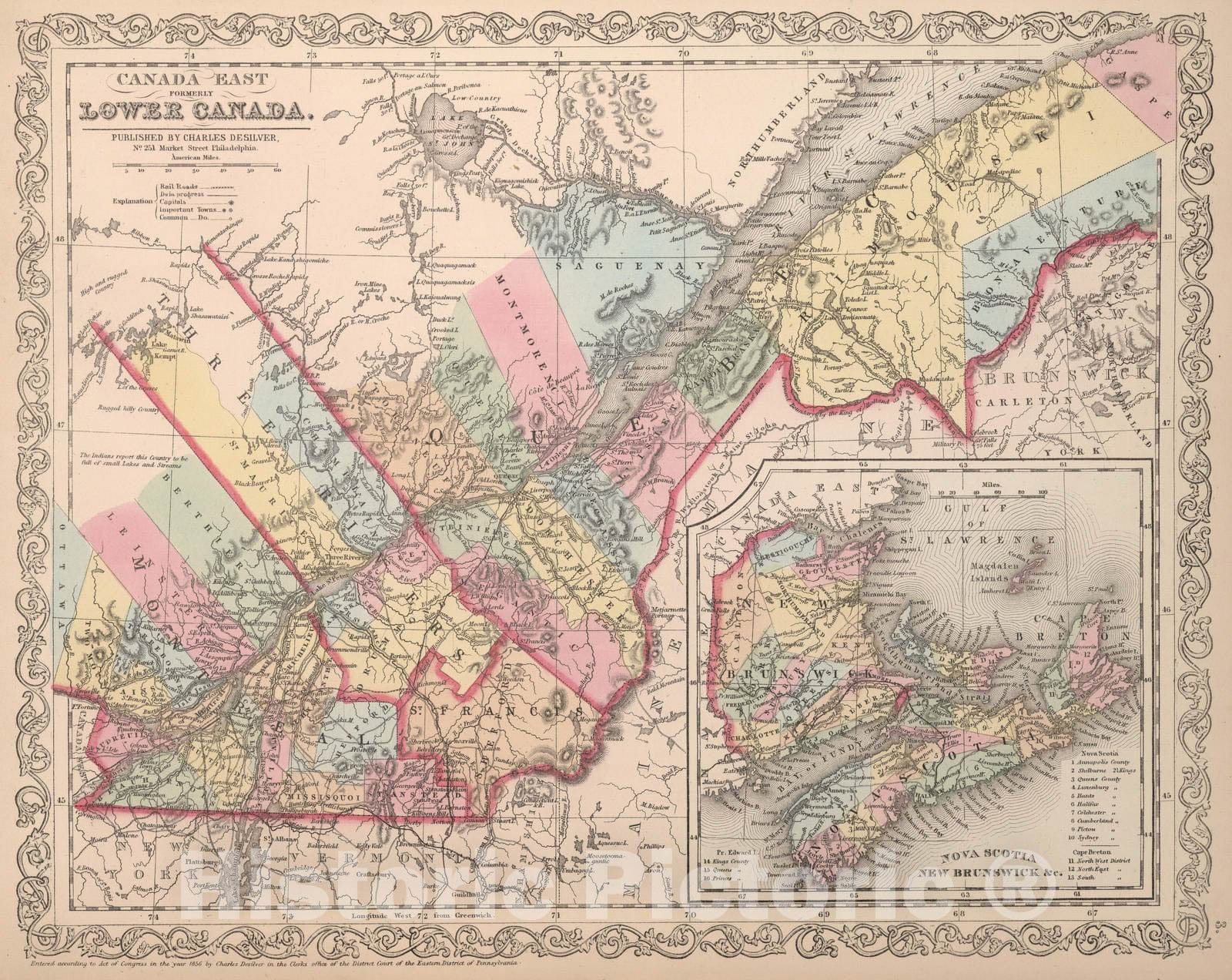 Historic Map : 1857 Canada East, Formerly Lower Canada - Vintage Wall Art