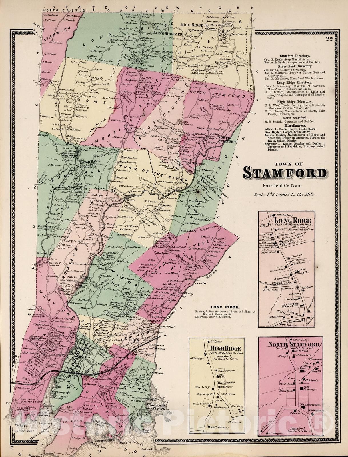 Historic Map : 1867 Town of Stamford, Fairfield County, Connecticut. (insets) Long Ridge. High Ridge. North Stamford. - Vintage Wall Art