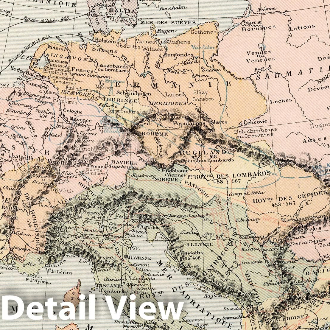 Europe - Barbarian Invasions, 1886 - Historical Map Print