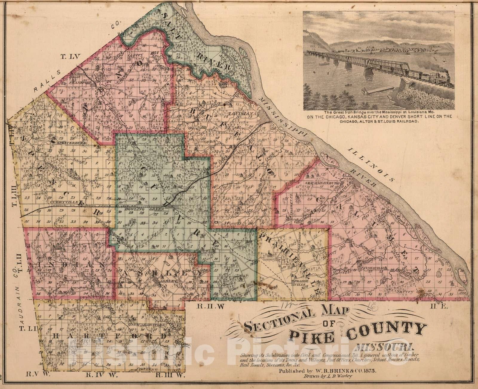 Pike County Missouri - Railroad Map, 1875 - Historical Map Print
