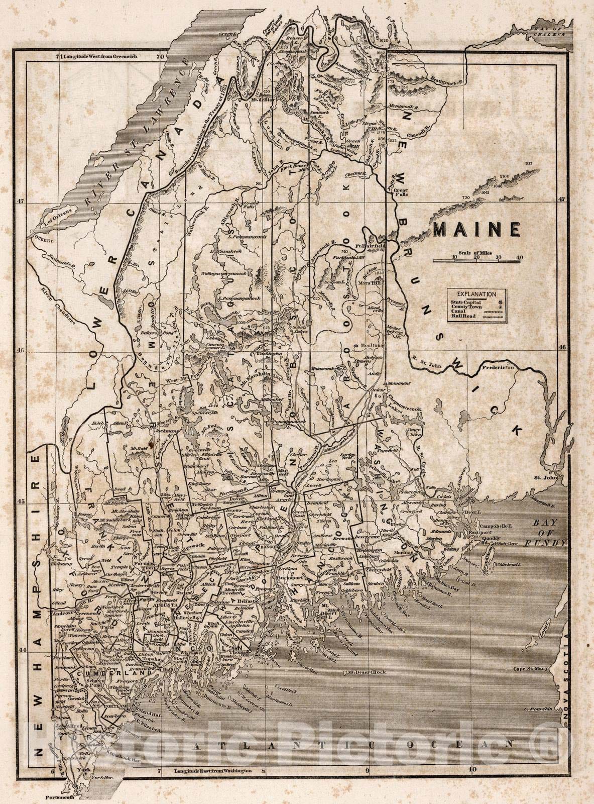 Maine - Railroad Map, 1842 - Historical Map Print
