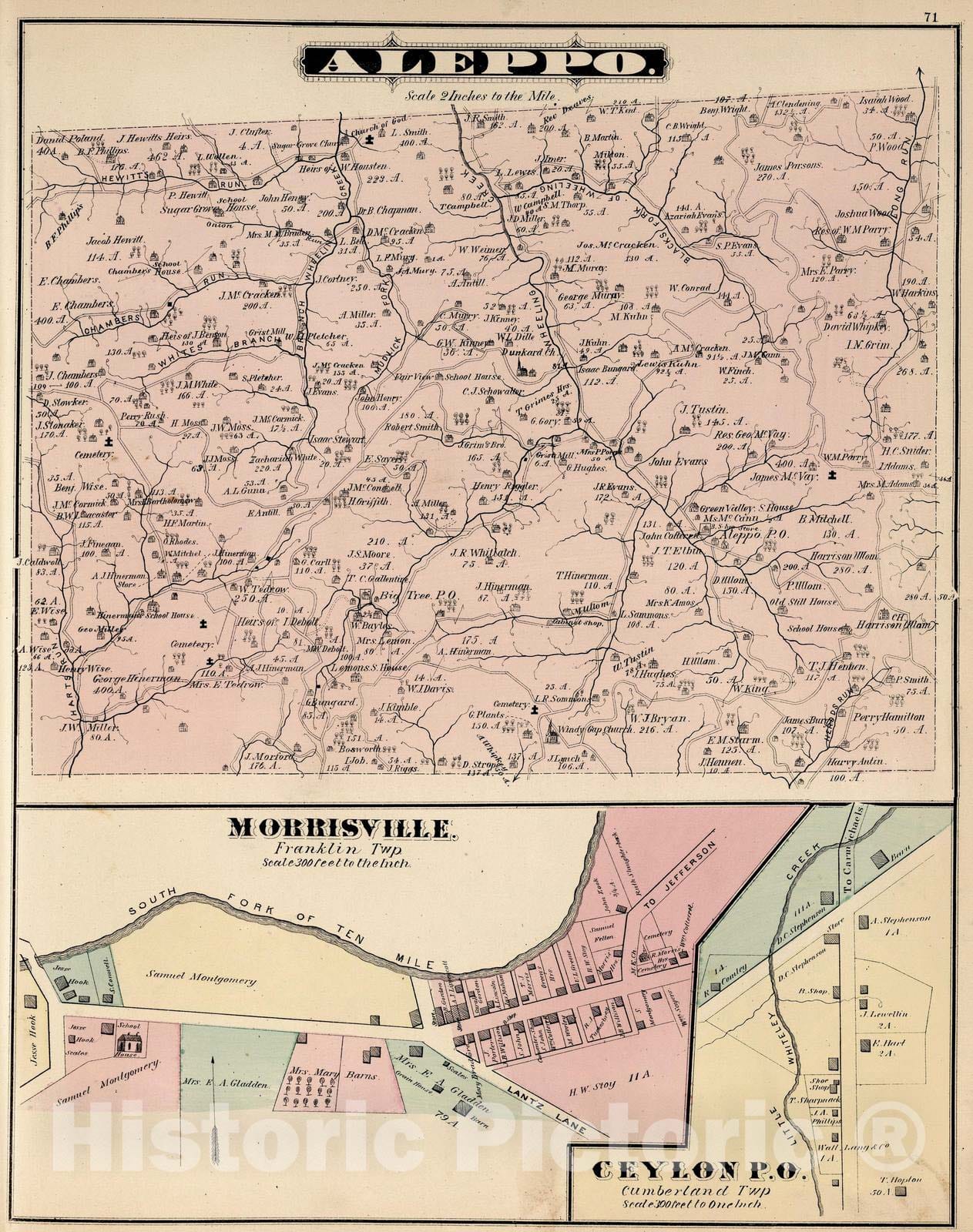 Historic Map : 1876 Aleppo, Greene County, Pennsylvania. Morrisville. Ceylon P.O. - Vintage Wall Art