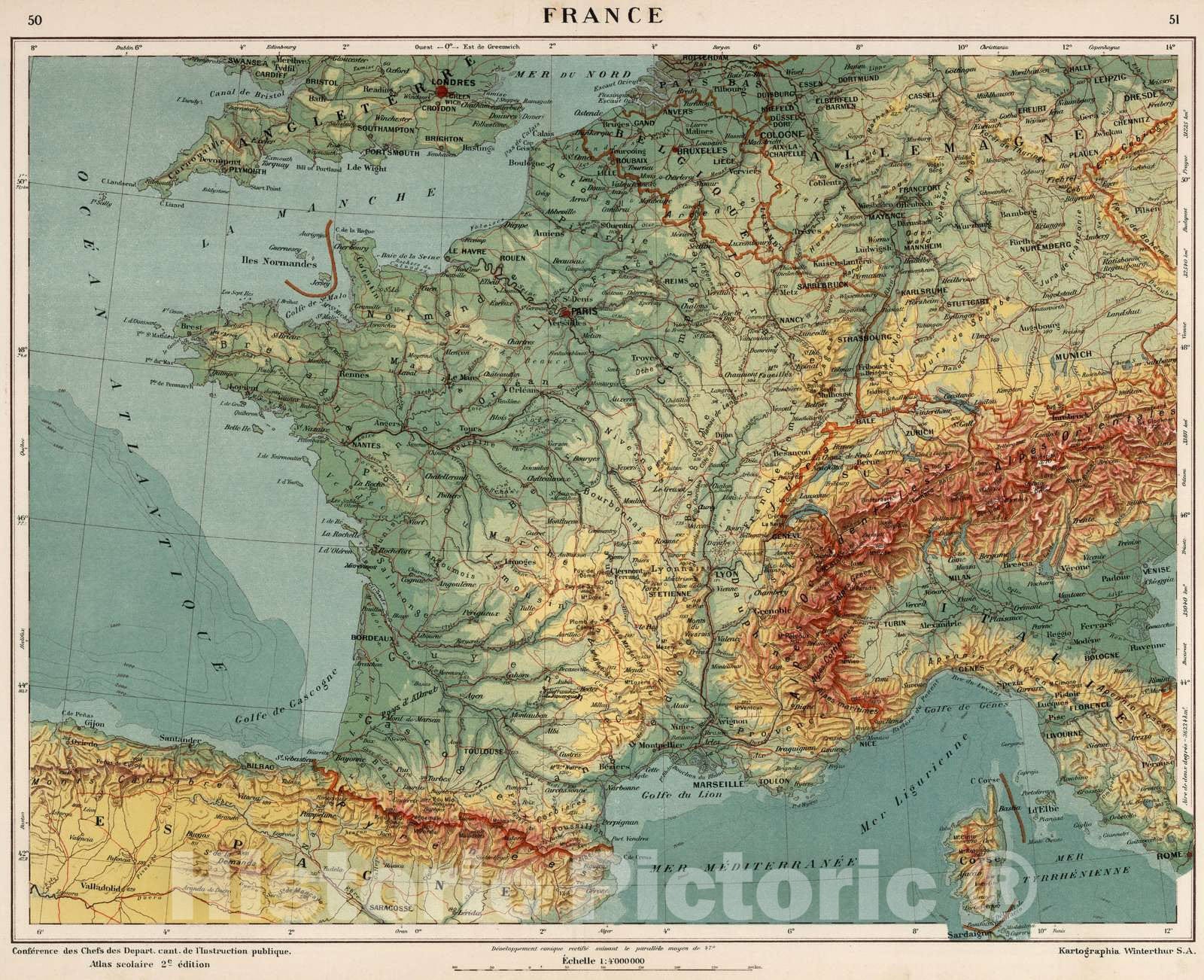 Historic Map : School Atlas - 1921 France. - Vintage Wall Art