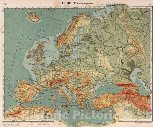Historic Map : School Atlas - 1921 Europe. Carte Physique - Vintage Wall Art