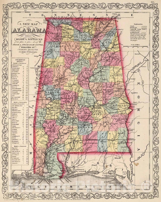 Alabama - Road Map, 1859 - Historical Map Print