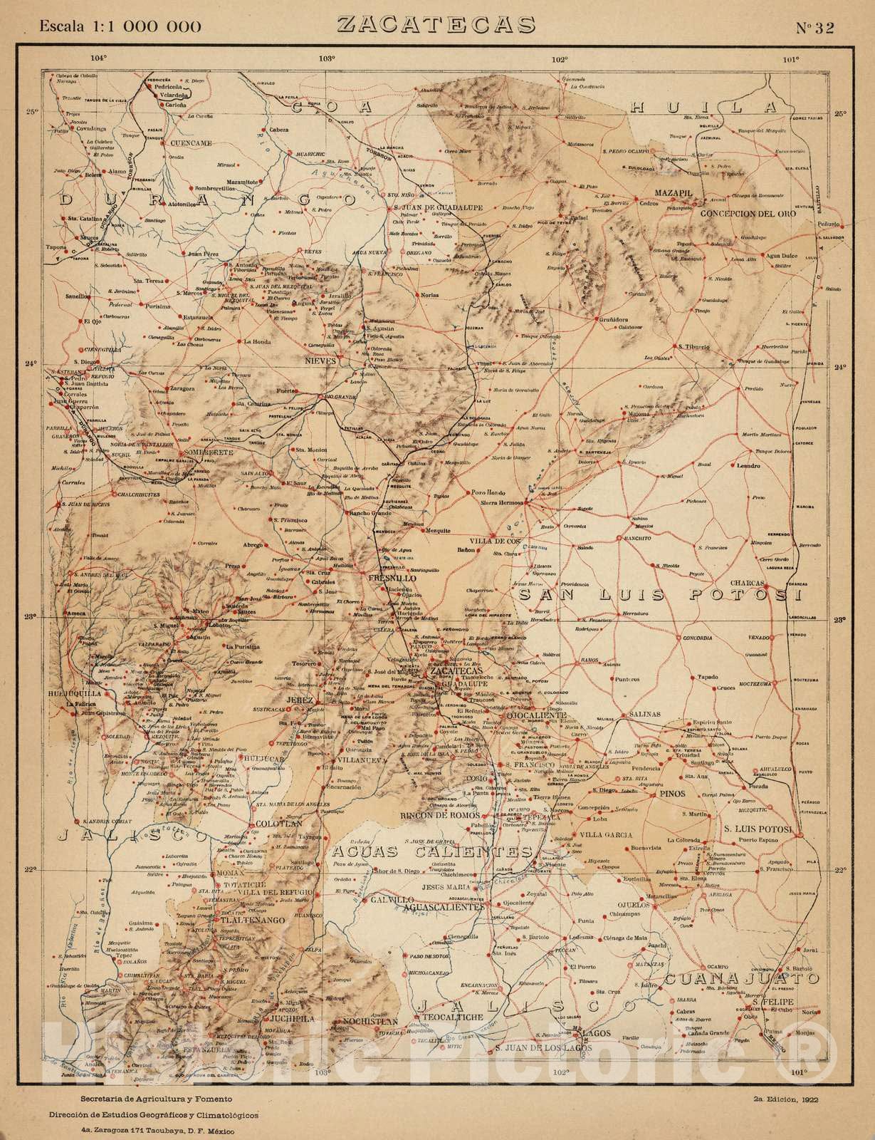 Historic Map : Mexico, Zacatecas (Mexico : State) 1922 No. 32: Zacatecas, Atlas , Vintage Wall Art