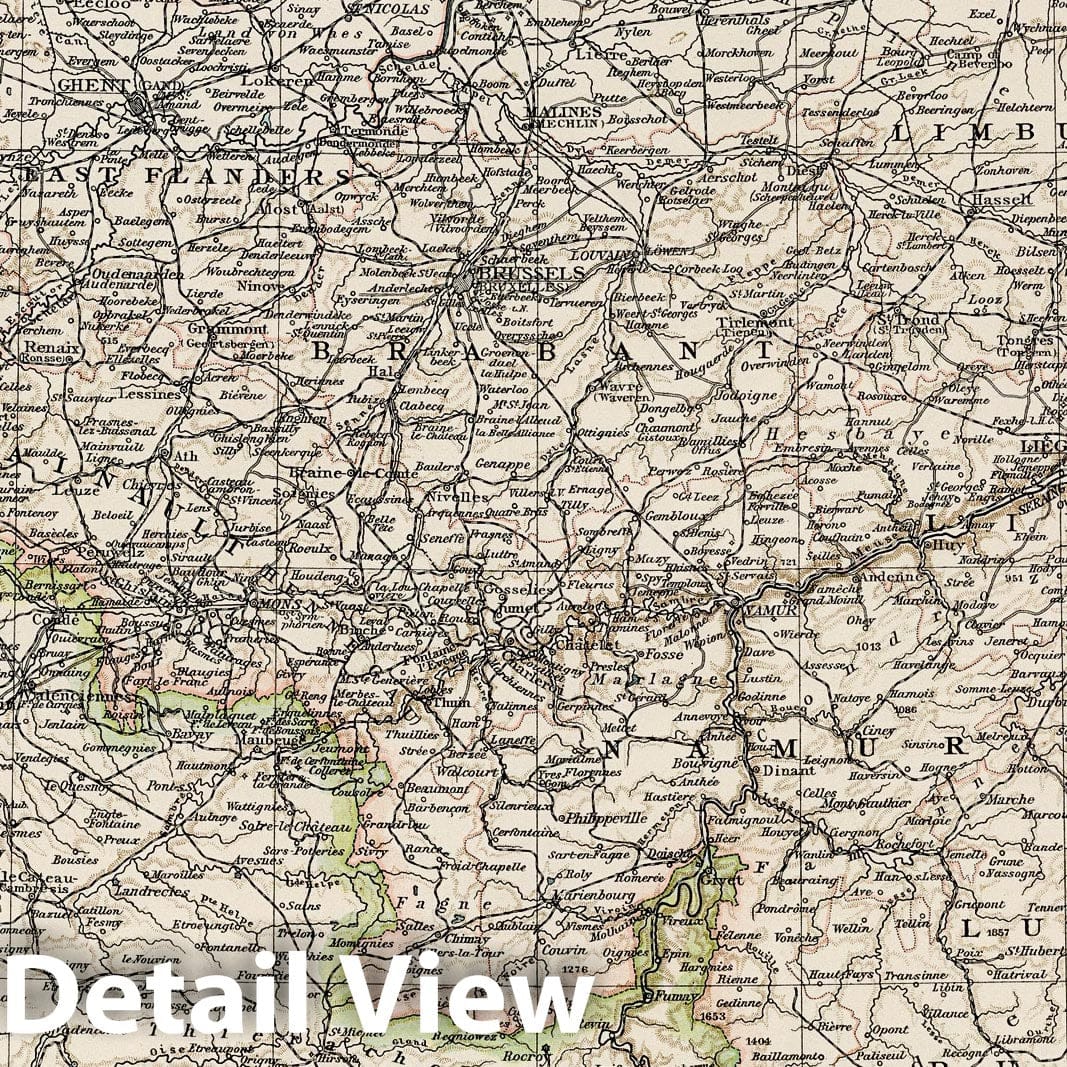 Belgium and Luxembourg - Railroad Map, 1900 - Times Atlas Historical Print
