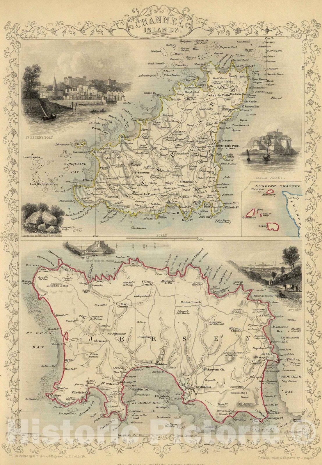 Historic Map : 1851 Channel Islands. (with) inset map of the English Channel. - Vintage Wall Art