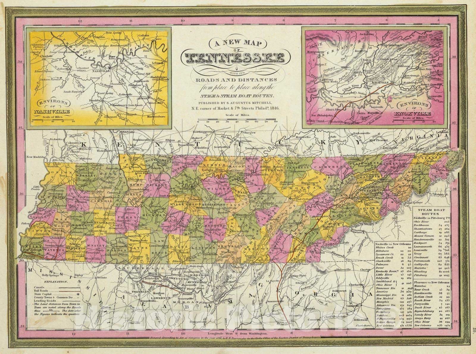 Historic Map : 1846 New Map Of Tennessee. - Vintage Wall Art