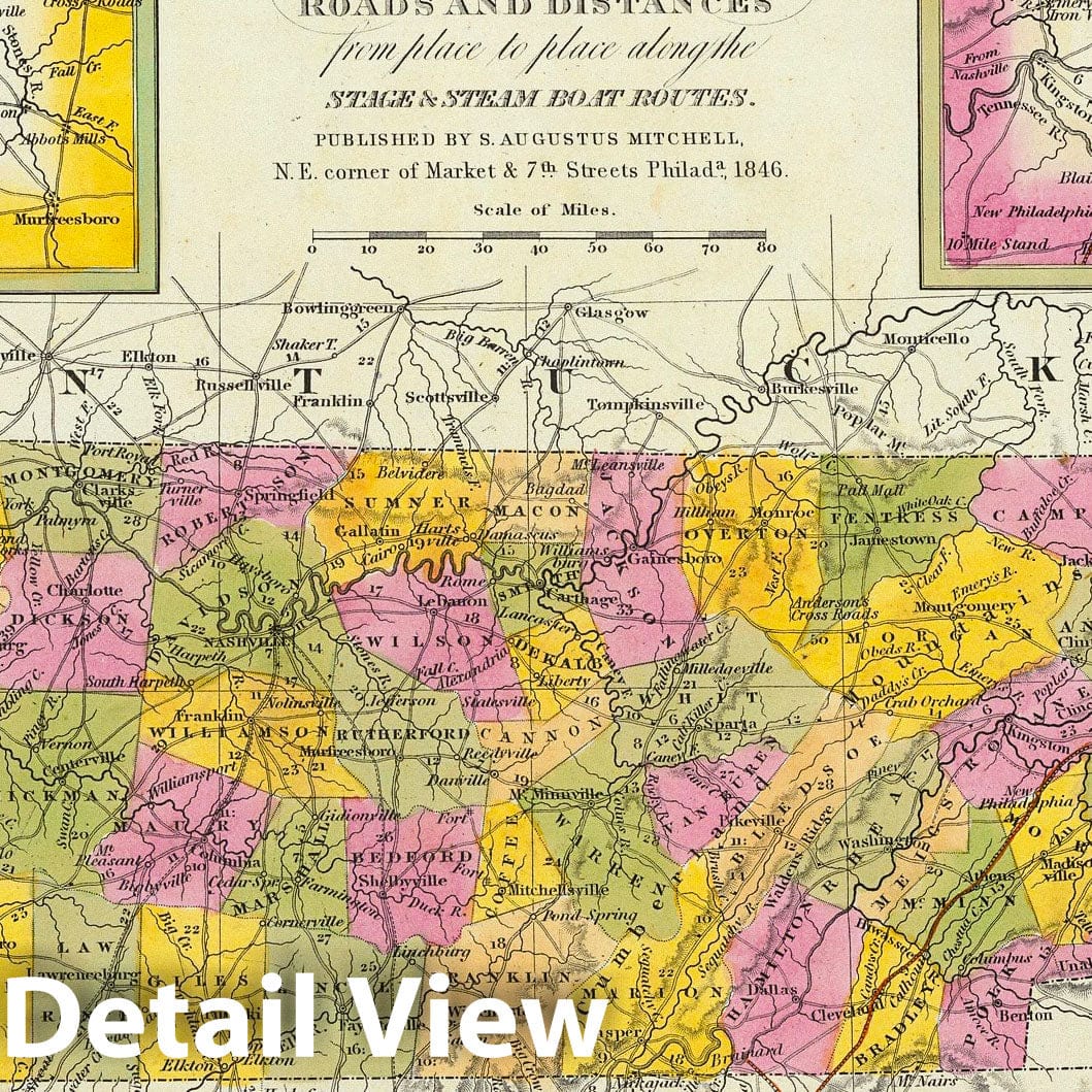 Tennessee - Road Map, 1846 - Historical Map Print