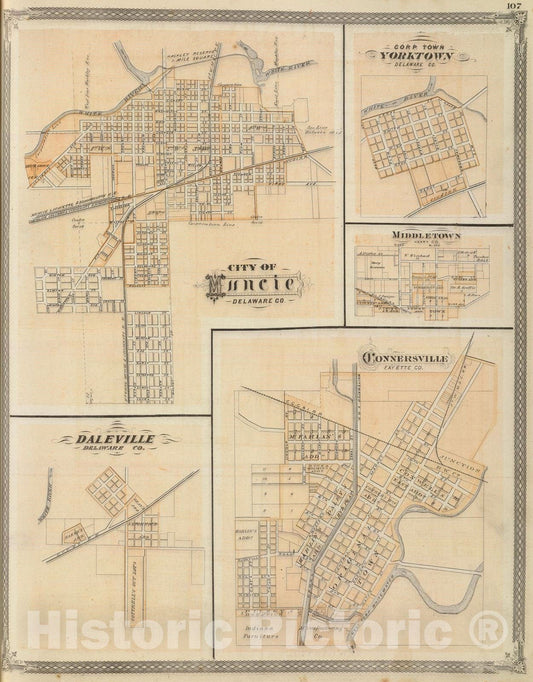 Historic Map : 1876 City of Muncie, Delaware Co. (with) Yorktown, Middletown, Daleville, Connersville. - Vintage Wall Art