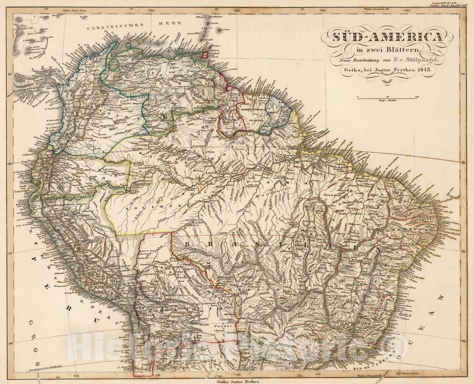 Historic Map : 1850 Sud-Amerika. (South America). - Vintage Wall Art