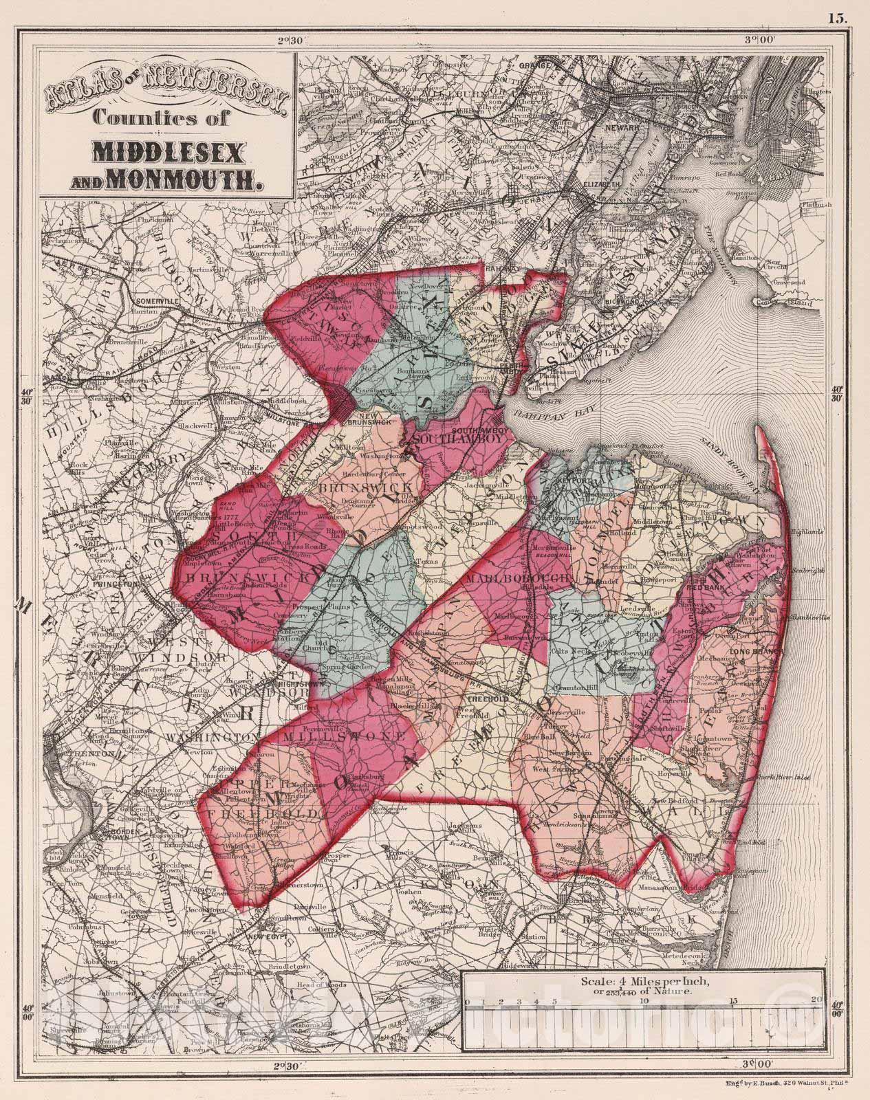 Historic Map : 1873 Atlas of New Jersey, Counties of Middlesex and Monmouth. - Vintage Wall Art