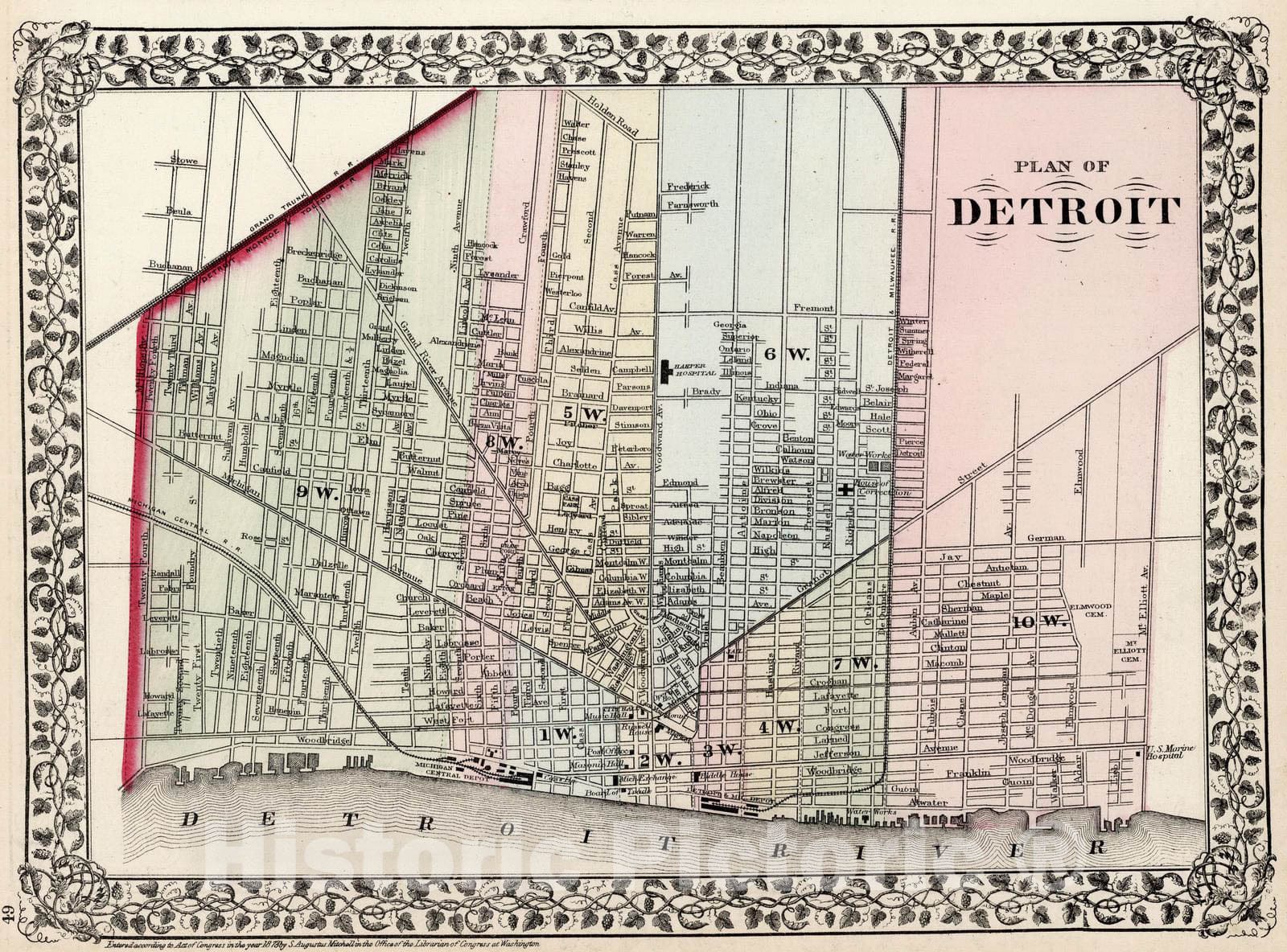 Historic Map : 1874 Plan of Detroit - Vintage Wall Art