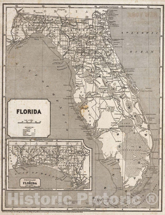 Florida - Railroad Map, 1842 - Historical Map Print