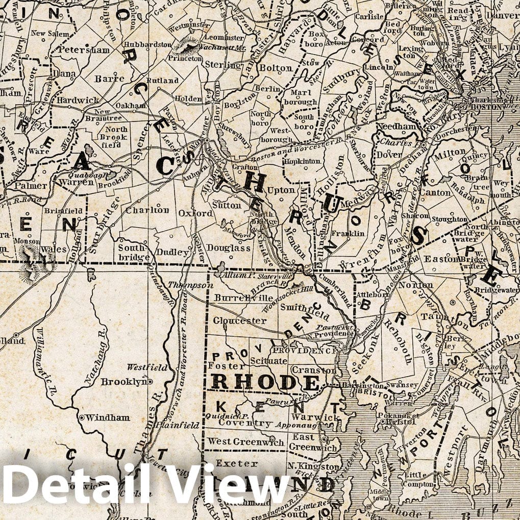 Massachusetts and Rhode Island - Railroad Map, 1845