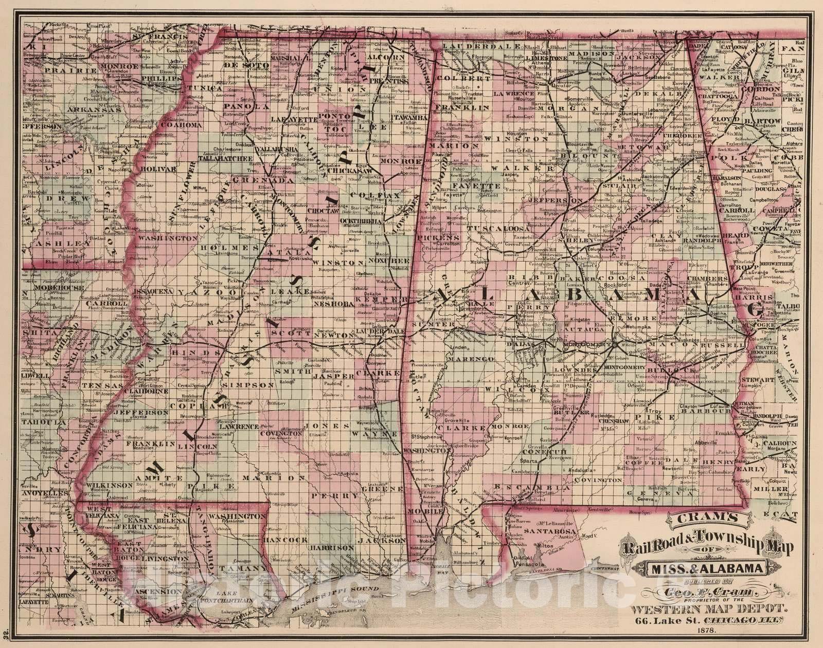 Mississippi and Alabama - Railroad Map, 1878 - Cram's Standard American Atlas
