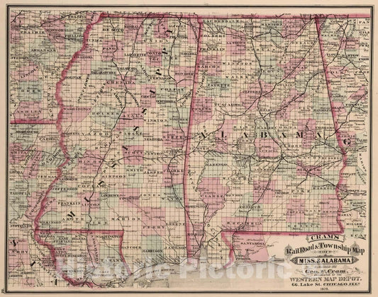 Mississippi and Alabama - Railroad Map, 1878 - Cram's Standard American Atlas
