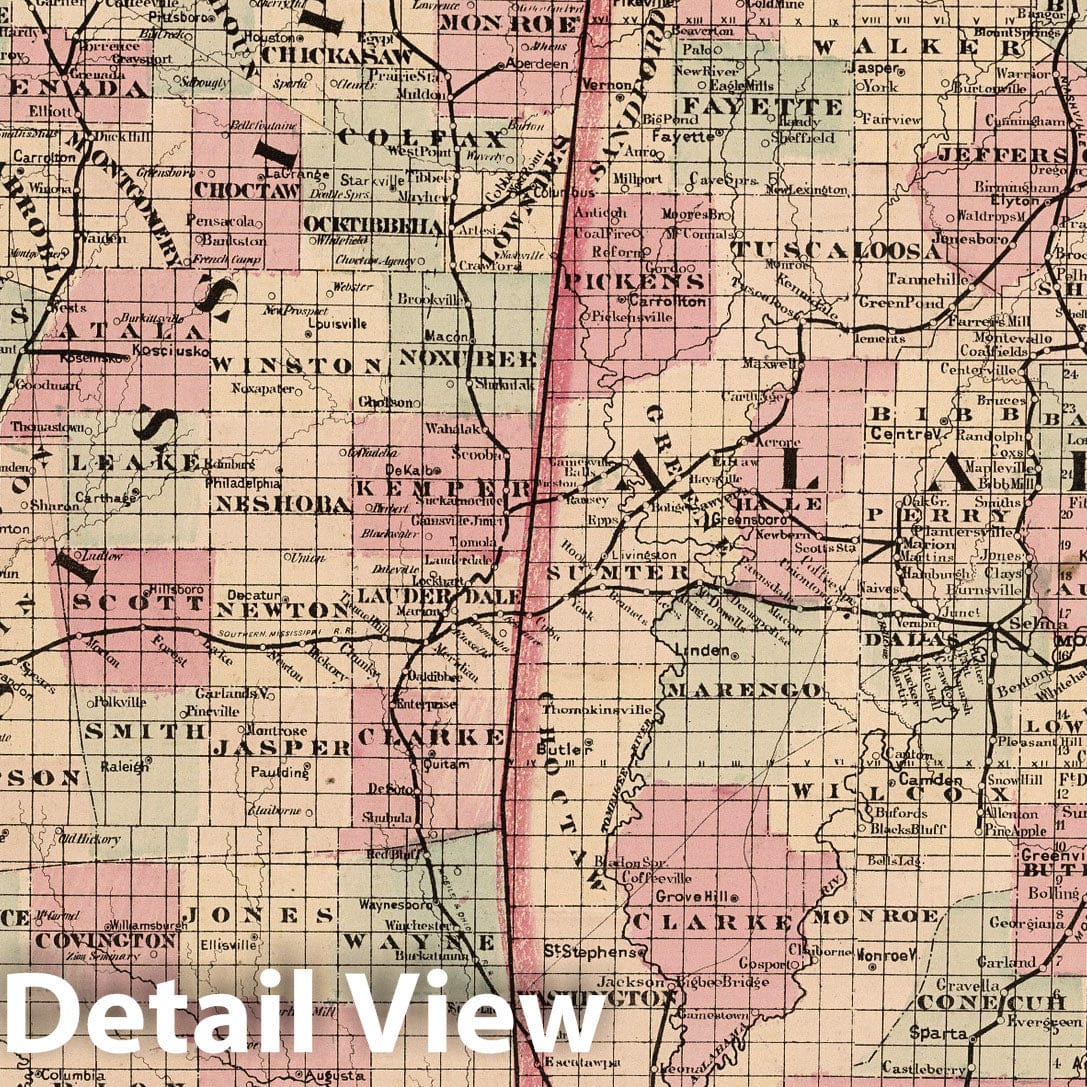 Mississippi and Alabama - Railroad Map, 1878 - Cram's Standard American Atlas