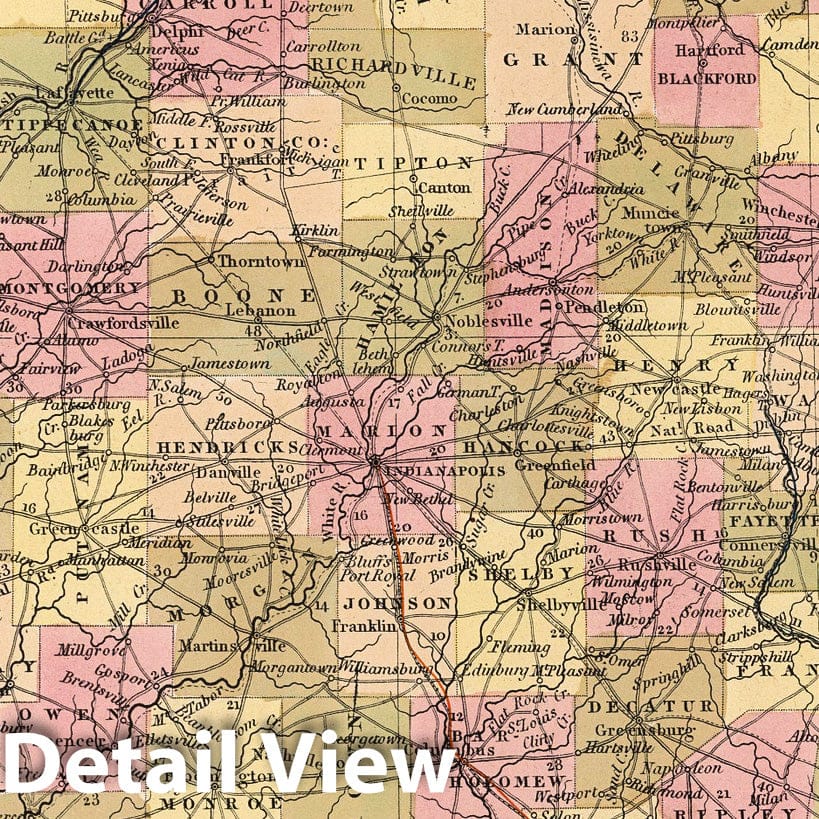 Indiana - Canal Map, 1850 - Hand-Colored Historical Map Print