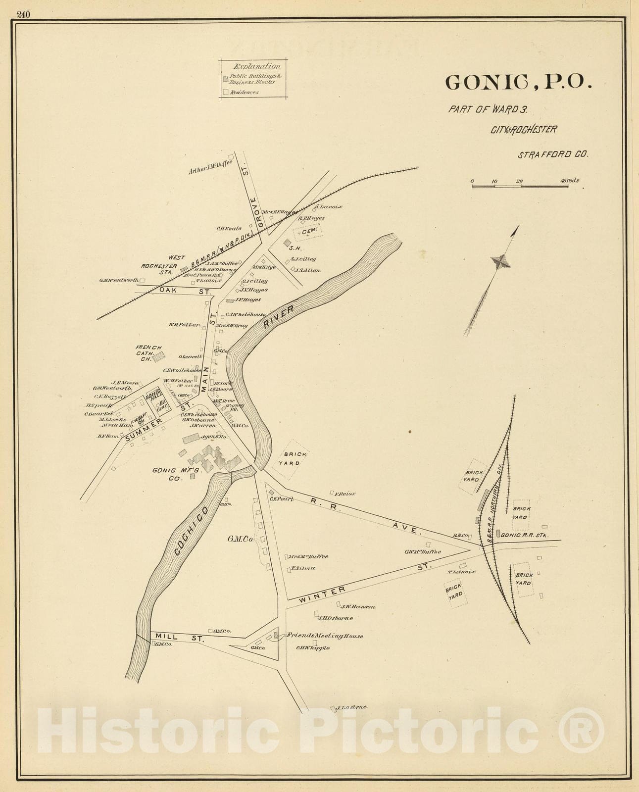 Historic Map : Gonic (Rochester, N.H.), New Hampshire, 1892 Gonic P.O. , Vintage Wall Art