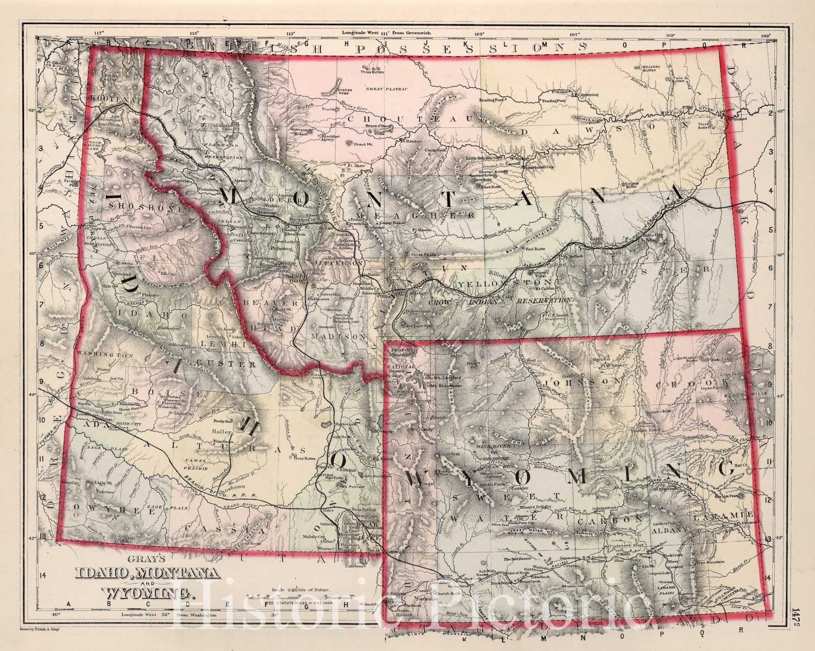 Historic Map : National Atlas - 1884 Idaho, Montana and Wyoming. - Vintage Wall Art