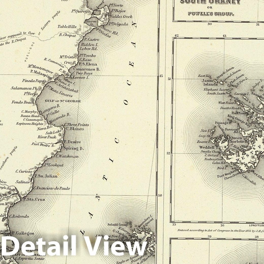Patagonia, South Orkney Islands, Falkland Islands, South Georgia Island - 1856 Historical Map