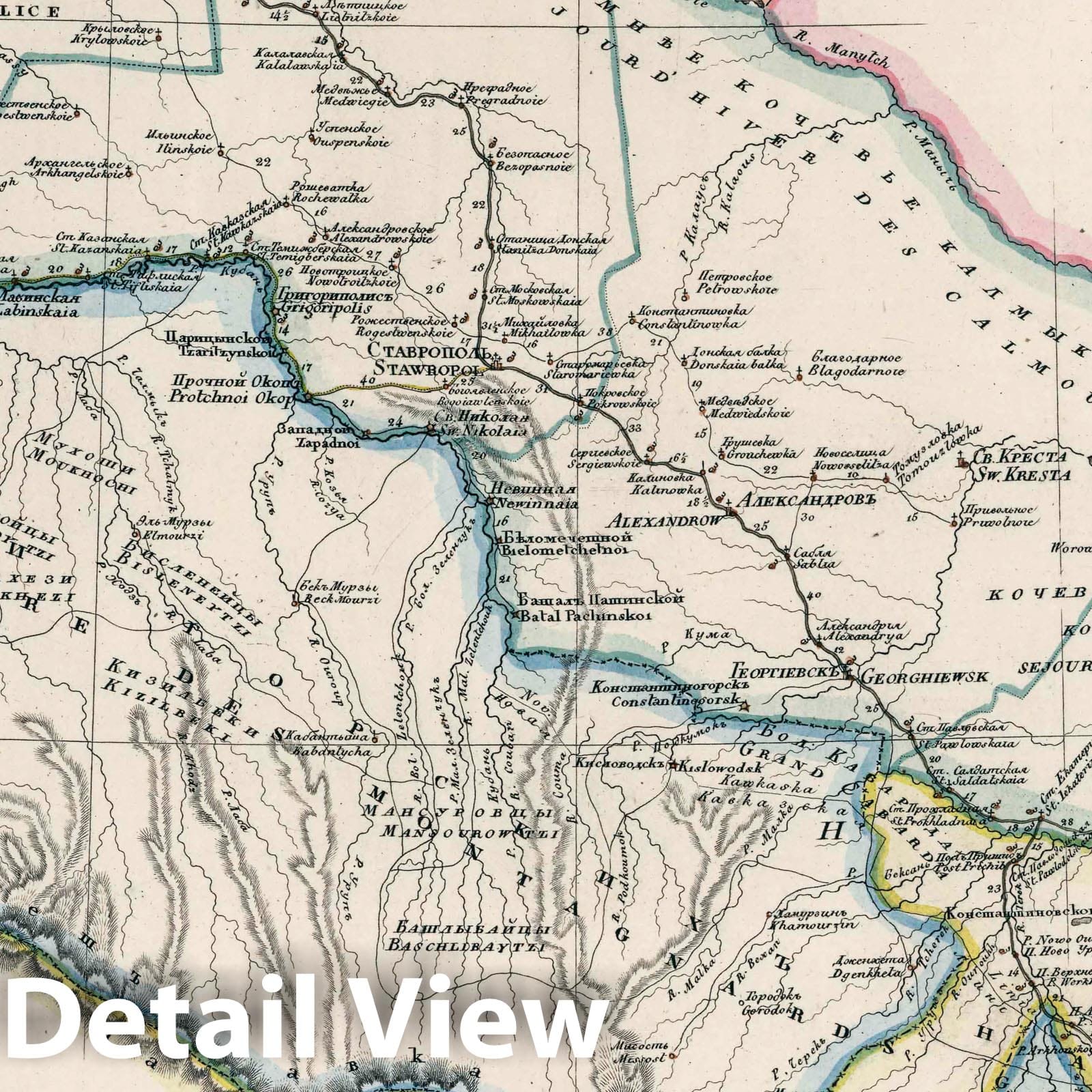 Caucasus Region - Road Map, 1829 - Historical Topographic Print