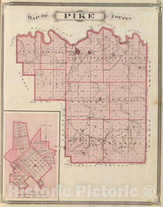 Historic Map : 1876 Map of Pike County (with) Plan of Petersburg. - Vintage Wall Art