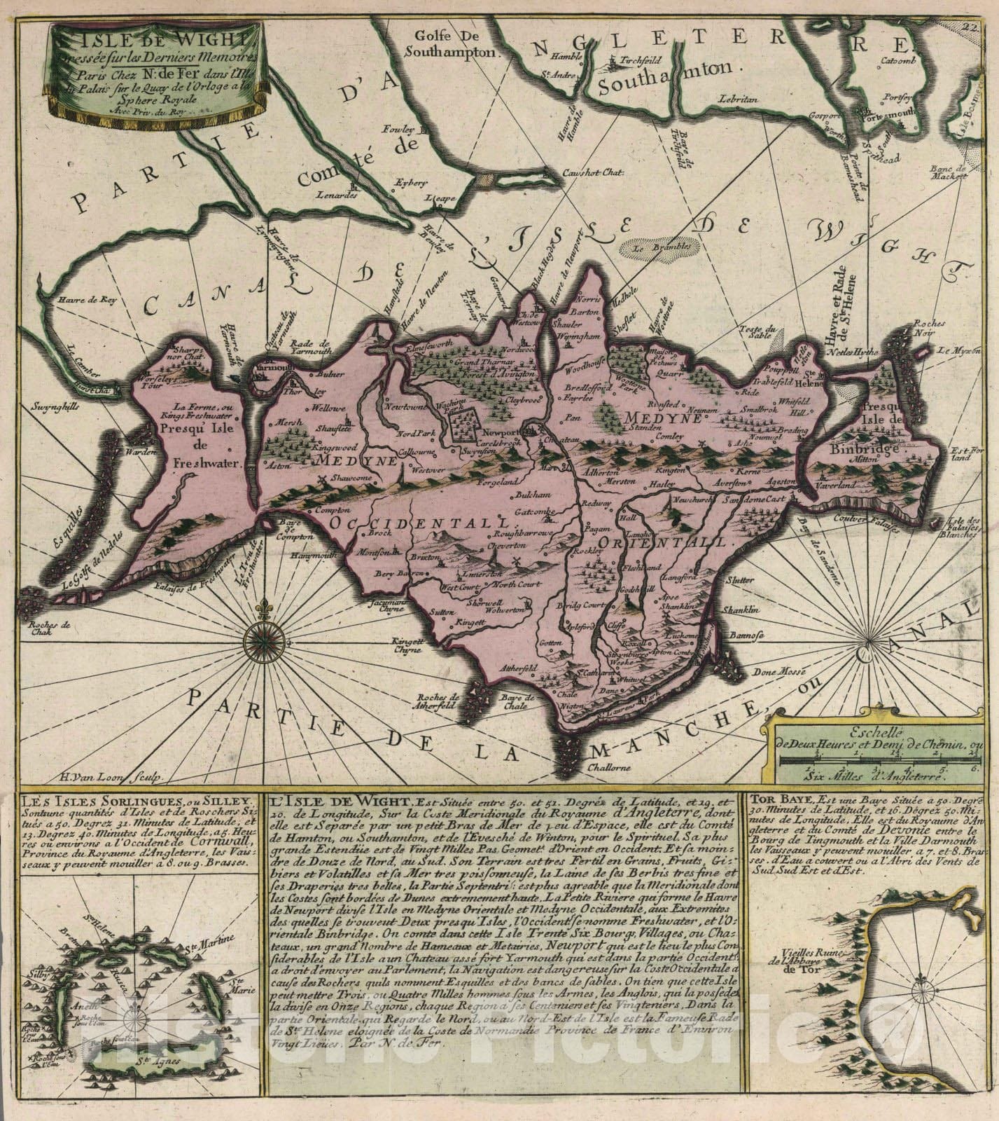 Isle of Wight, England 1705 Historical Map Print