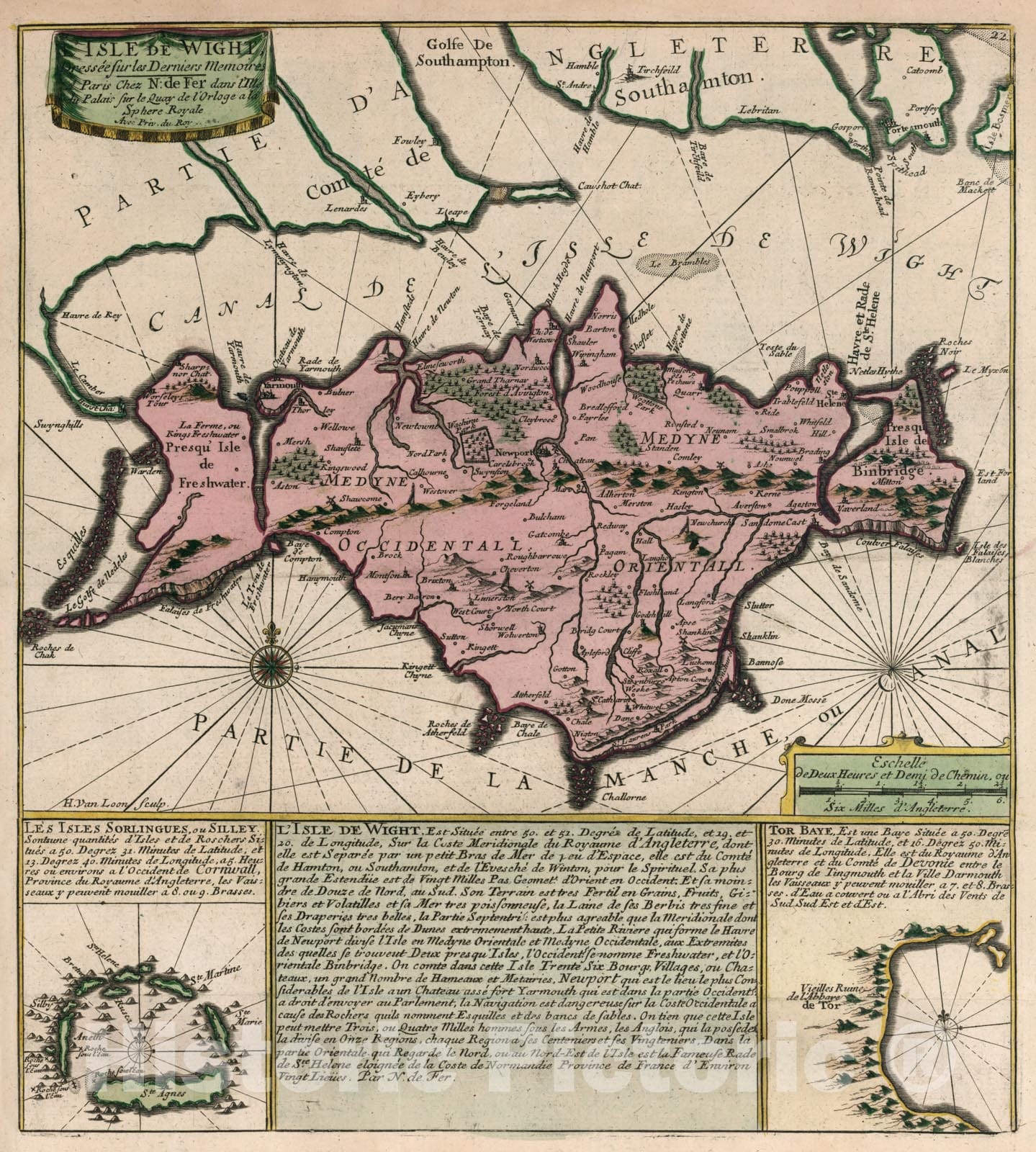 Historic Map - World Atlas - 1705 Text: Isle of Wight. - Vintage Wall Art