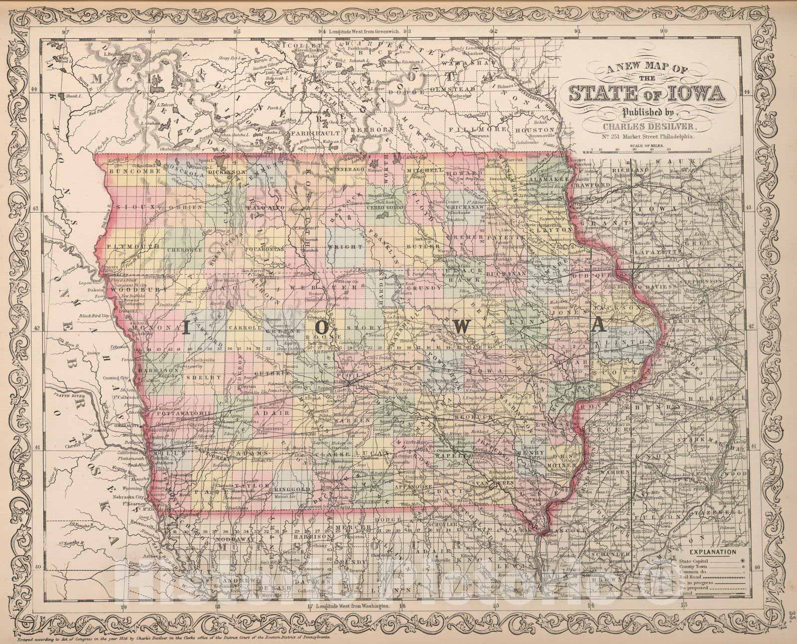 Historic Map : 1857 A New Map of the State of Iowa - Vintage Wall Art