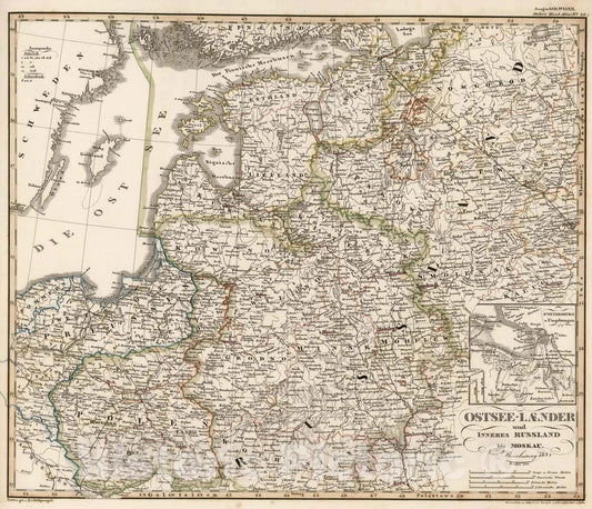 Historic Map : Russia, Baltic Countries 1851 Ostsee-Laender und Inneres Russland bis Moskau. (Baltic Countries and Russia). , Vintage Wall Art