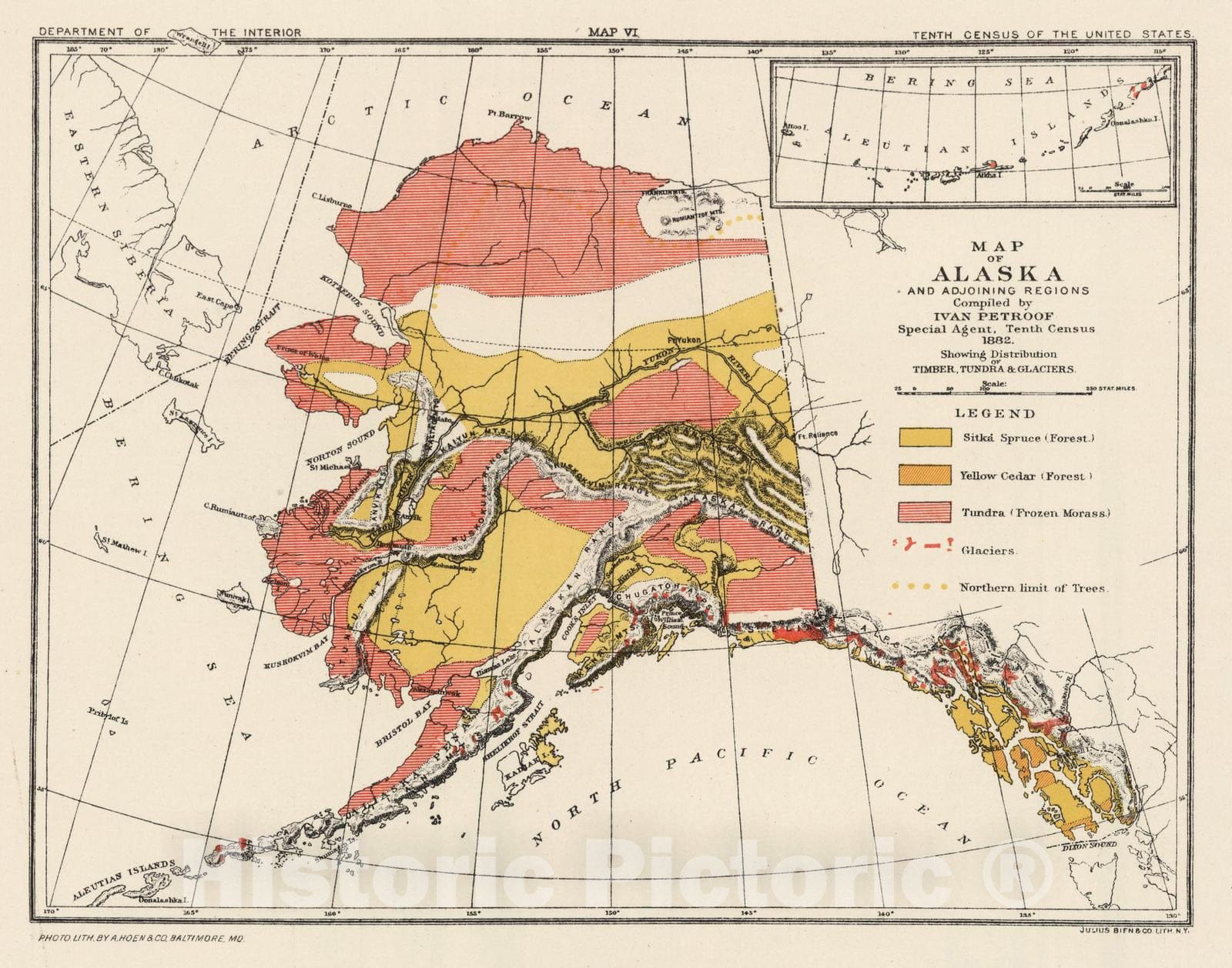 Historic Map : 1882 Petroof's Map of Alaska and Adjoining Regions: Timber, Tundra & Glaciers. - Vintage Wall Art
