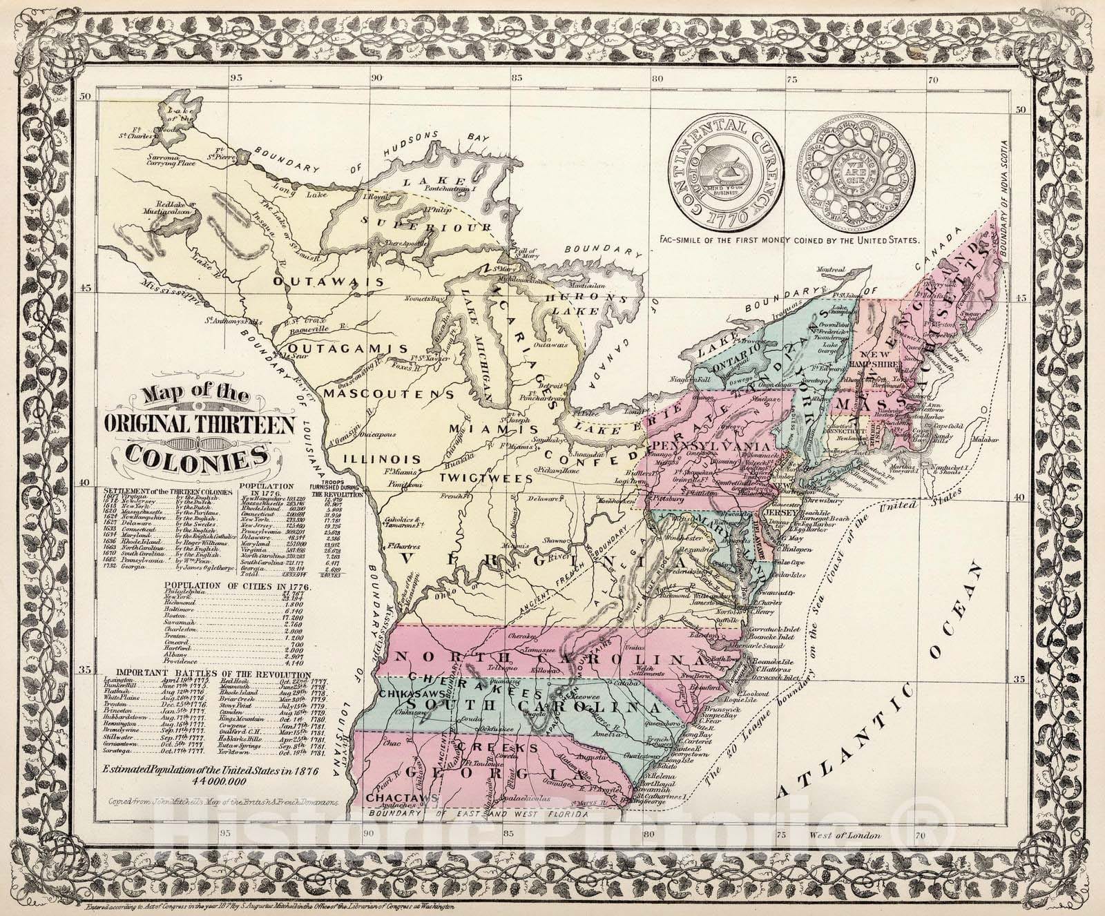 Original Thirteen Colonies - Road Map, 1877 - Mitchell's Atlas Historical Map Print