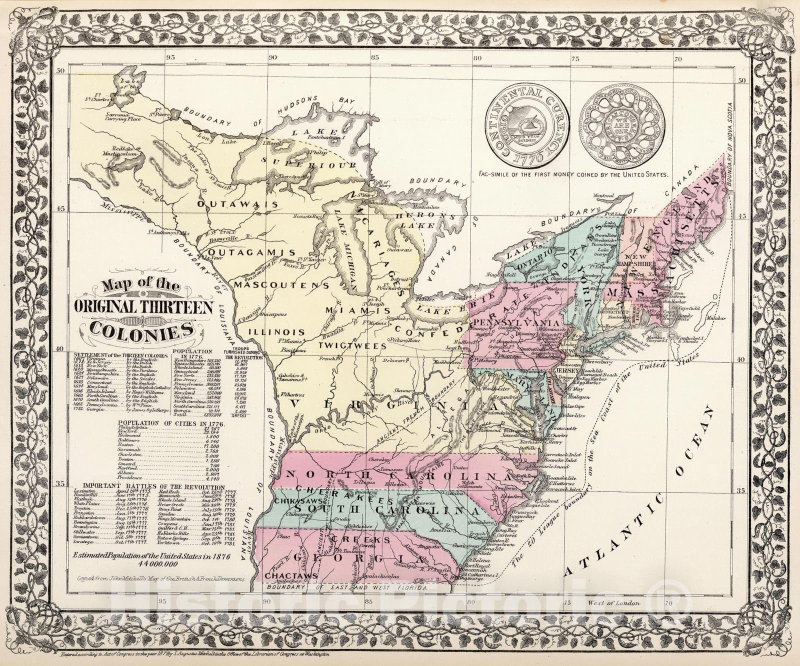 Historic Map - World Atlas - 1877 Map of the Original Thirteen Colonies - Vintage Wall Art